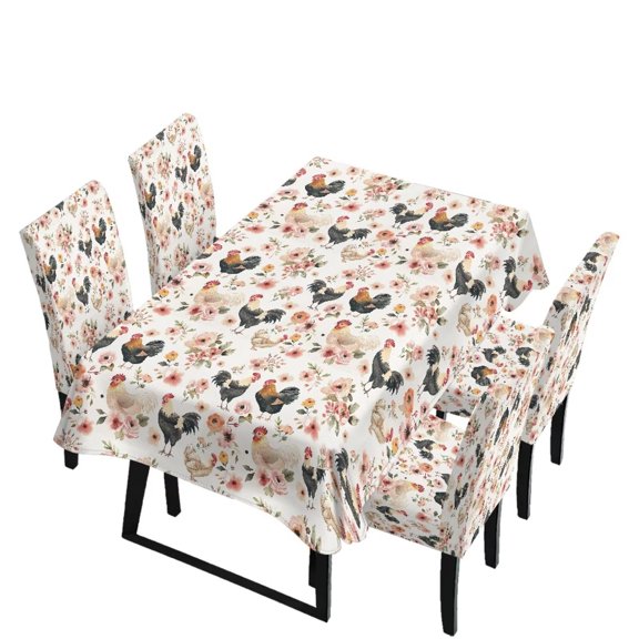 Bulopur Floral Rooster Table Cloth Rectangle and Chair Covers Set of 5 Stretch Rectangle Tablecloths with Dining Chair Cover Waterproof Tabletop Decoration