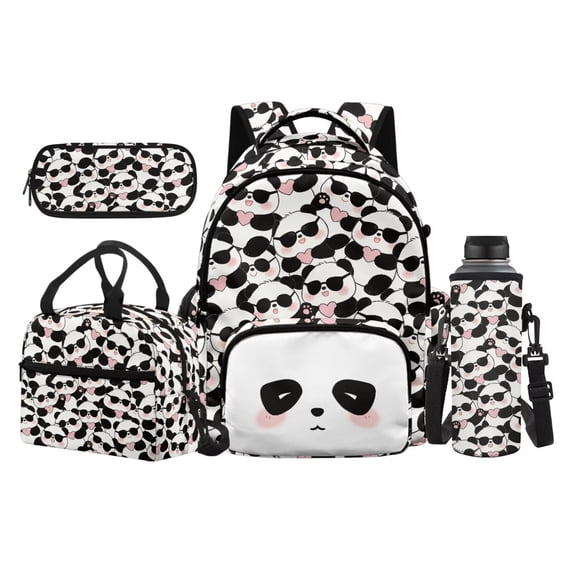 Bulopur Black White Cool Panda Print Kids School Backpack Set 4 Pcs Breathable Durable Kids School Bag with Lunch Box, Pencil Case and Water Bottle Cover for Kids