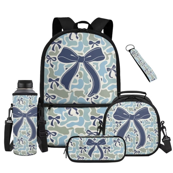 Bulopur Blue Camo Navy Bow Kids Backpack Set 5 Pcs Aesthetic Country Kids Bookbag with Lunch Bag, Pencil Case, Water Bottle Cover and Wrist Strap for Elementary Girls Grade 1-6
