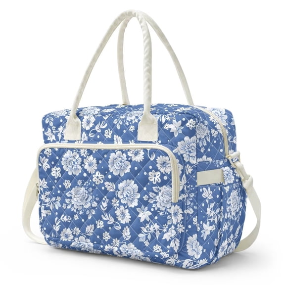 Bulopur Blue Floral Quilted Large Lunch Bag for Women Classic Insulated Lunch Bags with Shoulder Strap Waterproof Tote Bags for Work Travel Gift for Colleague