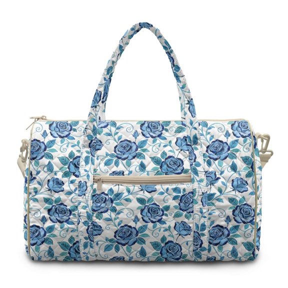 Bulopur Blue Rose Print Quilted Duffle Bag for Women Large Capacity Weekender Bags Lightweight Travel Bag with Pockets, Portable Overnight Bags for Gym Yoga Hiking Airplane Hospital Use