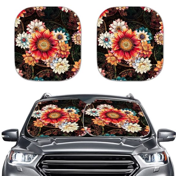 Bulopur Boho Mandara Flower Car Windshield Sunshade Light Blocking Sun Protector for Car Windshield Keep Your Vehicle Cool Sun Visor for Car Exterior Decorative Protector for Car