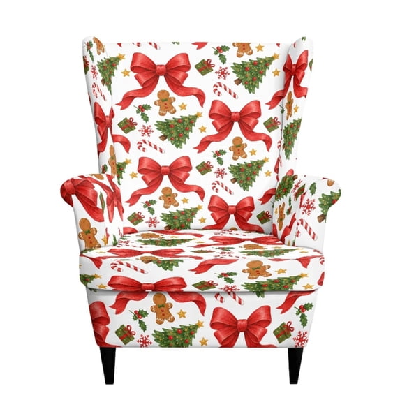 Bulopur Bow Gingerbread Wing Chair Cover Stretch Spandex Wingback Chair Slipcover Christmas Tree Furniture Protector for Holiday Living Room Decor