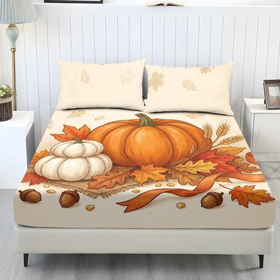 Bulopur Bow Pumpkin Full Size 3-Piece Sheet Set, Stay-in-Place Fade & Stain-Resistant Cooling Bedding with All-Around Elastic Cozy Sheet & Pillowcases