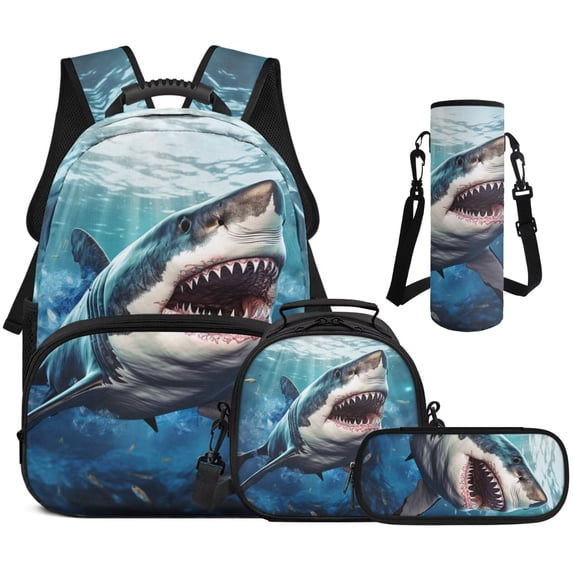 Bulopur Boys 17" Backpack Set for Elementary School 4 in 1 Waterproof Shark Bookbag with Lunch Box, Water Bottle Holder and Pencil Case, Lightweight School Bag for Kids