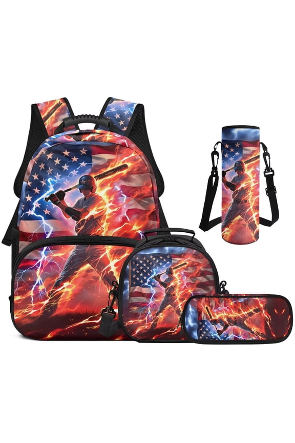 Boys17 Inch School Backpack 4 in 1 American Flag Baseball Print Bookbag with Lunch Box, Water Bottle Holder and Pencil Case for Kids Aged 7-13 National Pride Theme