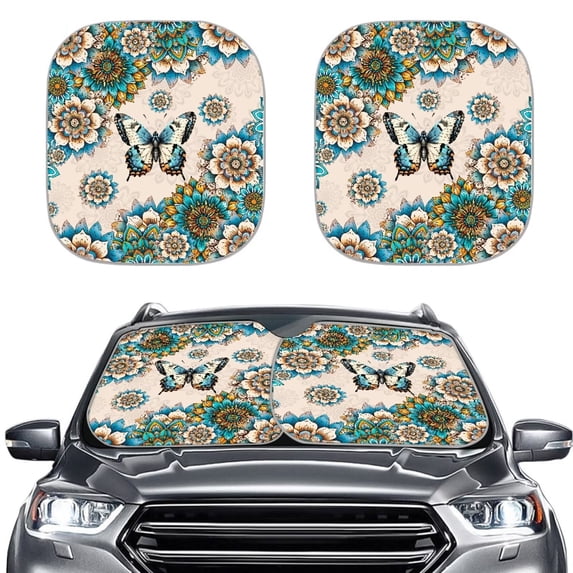 Bulopur Butterfly Boho Mandara Car Windshield Sunshade Blocks Heat Car Sun Shade Windshield Foldable and Durable Car Window Shades 2 Pack Window Sun Blocker for Most Cars