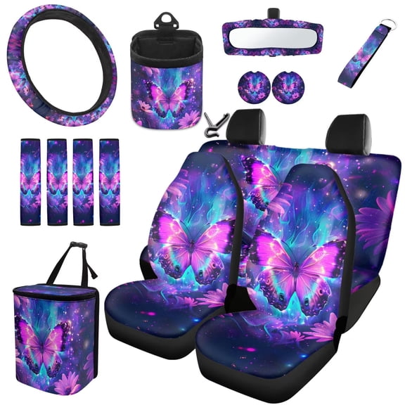 Bulopur Butterfly Car Seat Covers Full Set Purple Car Interior Seat Covers 15 Pcs Front and Rear Seat Cover Set Waterproof Auto Accessories for SUV Vehicle Sedan Truck Gift for Birthday