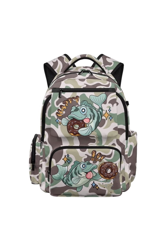 Camo Bass Fish Kids Backpack for Boys Girls Cute Fishing Snack Cartoon Print School Bag Lightweight/Breathable/Durable/Waterproof Multi-Pocket Book Bag for Daily Use