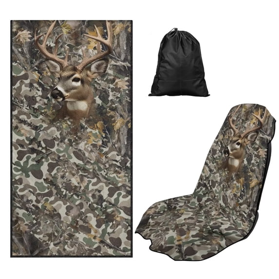 Bulopur Camo Hunting Deer Front Car Seat Cover Towel for Men Waterproof Car Seat Protector with Storage Bag for Sport Running Soft Fit SUV Sedan Truck 1pcs