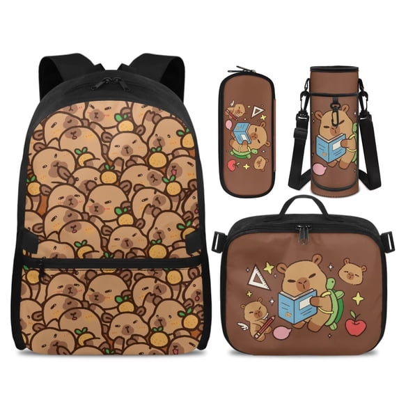 Bulopur Capybara Print Kids Backpack Set 4 Pcs Back To School Kids School Bag with Lunch Box, Pencil Case and Water Bottle Cover for Student Capybara Lover Boys