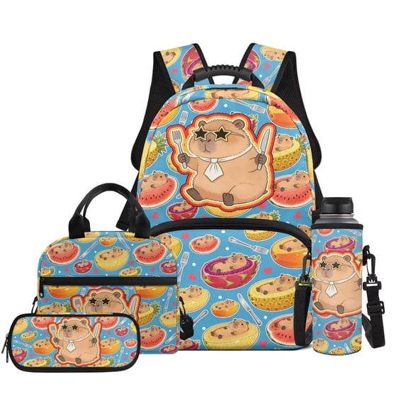 Bulopur Capybara School Backpack Set of 4 for Kids 17 Inch Water Resistant School Bag with Lunch Box, Pencil Case & Water Bottle Cover Cartoon Backpack for Elementary Ages 9-12