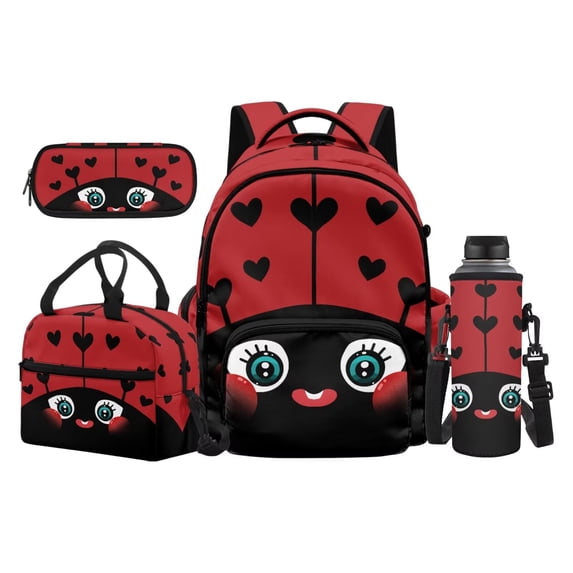 Bulopur Cartoon Ladybug Print Kids Backpack Set 4 Pcs Durable Waterproof Kids School Bag with Lunch Box, Pencil Case and Water Bottle Cover for Toddler Girls