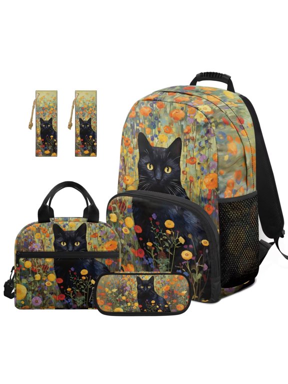 Cat Kids Backpack with Lunch Bag, Art Print Backpack 5 Pcs Set 17 Inch Lightweight Bookbag Set with Pencil Case & 2 Bookmarks for Girls 9-12 Elementary