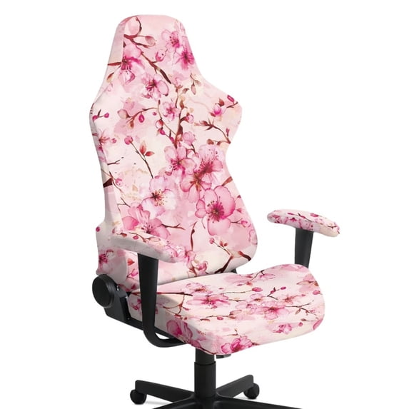 Bulopur Cherry Blossom Gaming Chair Cover with Armrest Covers Pink Computer Chair Seat Cover for Women Washable Rotating Chair Covers for Office Home Decor