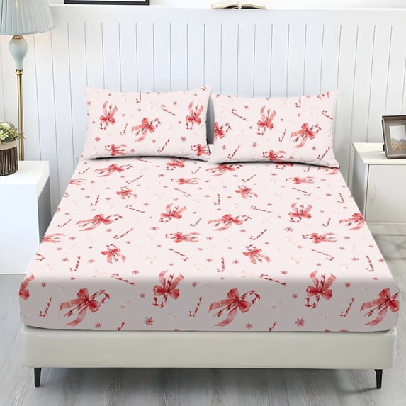 Bulopur Christmas 3 Piece Deep Pocket Twin Fitted Sheet Set Twin Size 3 Piece Sheet Set, Lightweight Cozy Bedding with Bottom Bedsheet, Red Candy Cane Bow Holiday Bedding