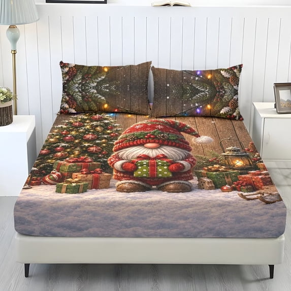 Bulopur Christmas Gnome Print Twin XL Size 3-Piece Sheet Set, Lightweight Fade-Resistant Microfiber Bedding, Deep Pocket Fitted Sheet with All-Around Elastic for Twin XL Bed