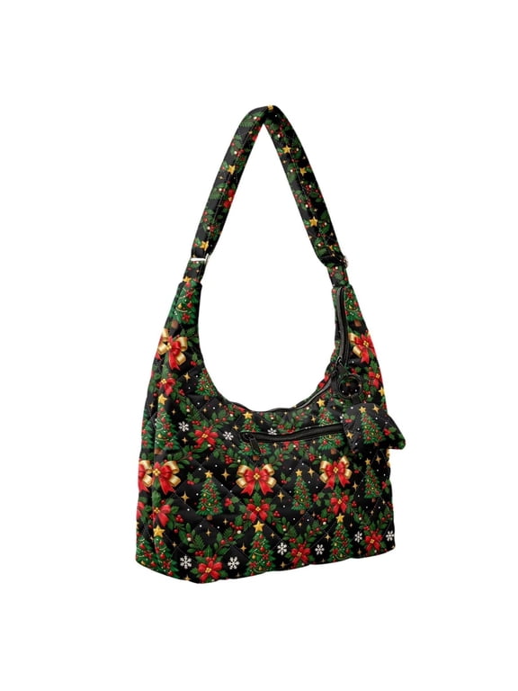 Christmas Gold Tree Quilted Hobo Bag for Women Shoulder Purse Handbag with Matching Charm, Front Pocket, Fits 13" Laptop, Quilted Polyester, Christmas Party, Work, Gift for Mom