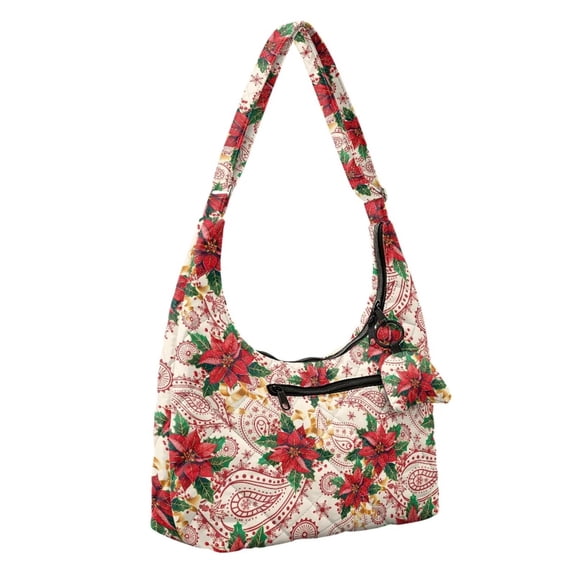 Bulopur Christmas Poinsettia Quilted Hobo Bag for Women Shoulder Bag Handbag with Matching Charm, Fits 13" Laptop, Quilted Polyester, Holiday Party, Work, Gift for Aunt
