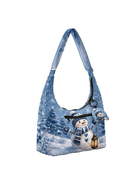 Christmas Snowman Quilted Hobo Bag for Women Crossbody Shoulder Purse with Matching Charm, Large Capacity, Quilted Polyester, Christmas Shopping, Date Night, Holiday Gift