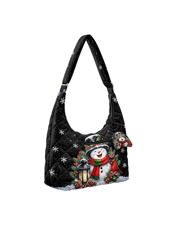 Christmas Snowman Quilted Hobo Purse for Women Crossbody Bag Shoulder Tote with Adjustable Strap, Large Capacity, Quilted Polyester, Holiday Gathering, Work, Gift for Wife