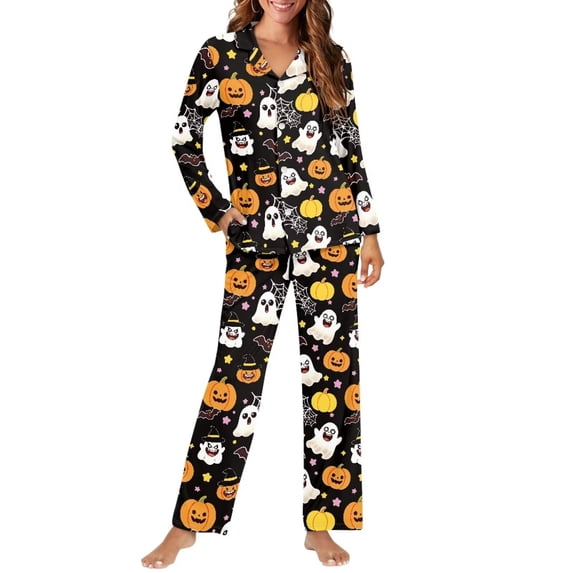 Bulopur Classic Spooky Halloween Women 2 Piece Pajama Set Soft Breathable Long Sleeve Loungewear All Season Gift for Her