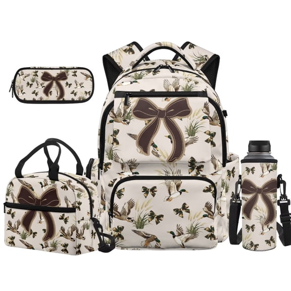 Bulopur Cow Camo Mini Brown Bow Print Kids Backpack Set 4 Pcs Casual Daily Aesthetic Girls School Bag with Lunch Bag, Pencil Case and Water Bottle Cover for Girls Ages 6 to 12