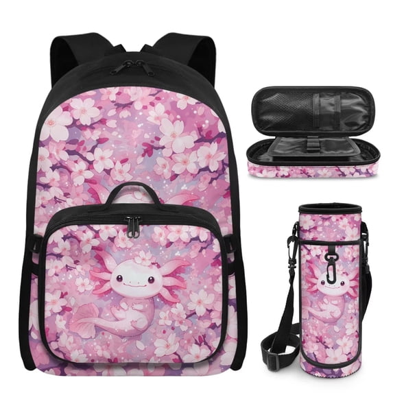 Bulopur Cute Axolotl Print Kids Backpack Set 4 Pcs Floral Kawaii Lightweight Kids School Bag with Lunch Bag, Pencil Case and Water Bottle Cover for Axolotl Loving Toddler Girls