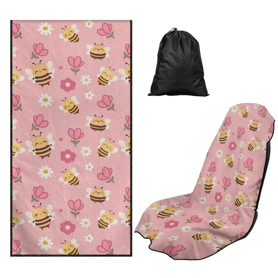 Bulopur Cute Front Car Seat Towel for Women Pink Bee Breathable Sweat Carseat Protector with Storage Bag for Yoga Vacation Soft Fit SUV Sedan Truck 1pcs