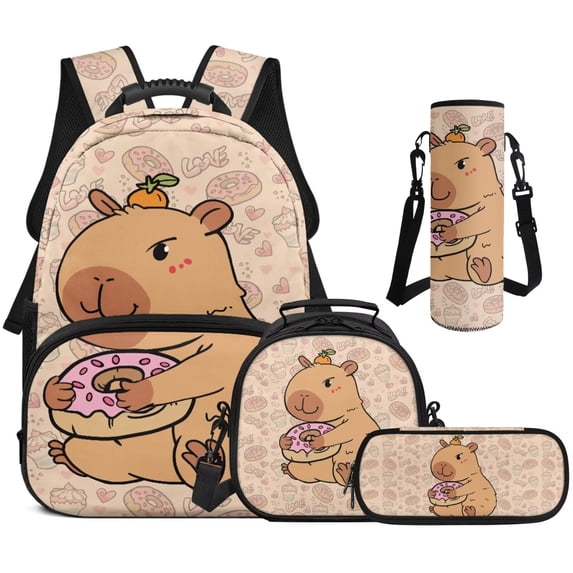 Bulopur Cute Girls 17 Inch Backpack Set 4 PCS Pink Capybara Print School Bookbag with Lunch Bag, Water Bottle Sleeve and Pencil Case for Toddler Girls