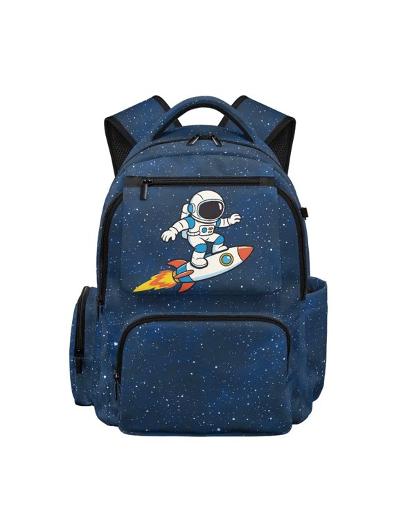 Dark Blue Starry Astronaut Rocket Kids Backpack for Boys, Cool Outer Space Cartoon Print School Bag Lightweight/Breathable/Durable/Waterproof Multi-Pocket Book Bag for Back to School