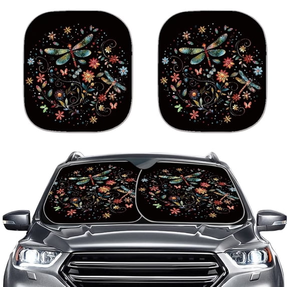 Bulopur Dragonfly Boho Floral Car Windshield Sunshade UV Protection Vehicle Sun Shade Windshield 2 Pieces Easy to Install Sun Visor Protector Car Window Shades Universal for Most Cars