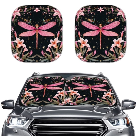 Bulopur Dragonfly Lily Flower Car Windshield Sun Shade Blocks Sunlight Windshield Sun Shade Foldable Easy Installation Auto Front Window Sunshade Covers Fit SUVs Trucks Vans, 2 Pieces