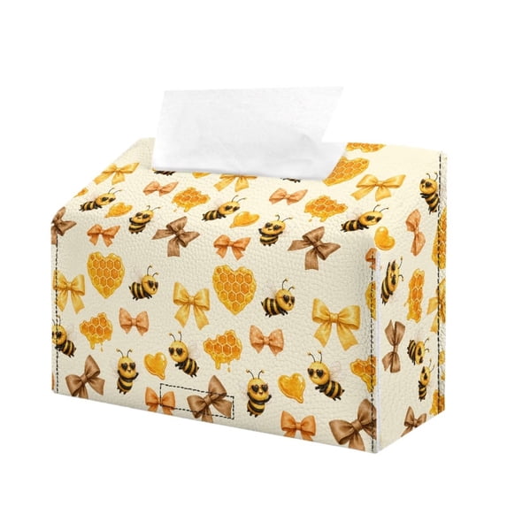 Bulopur Fall Bee Bow Tissue Box Cover PU Leather Aesthetic Tissue Holder for Bedroom Vanity Desk Soft Autumn Accent Decor