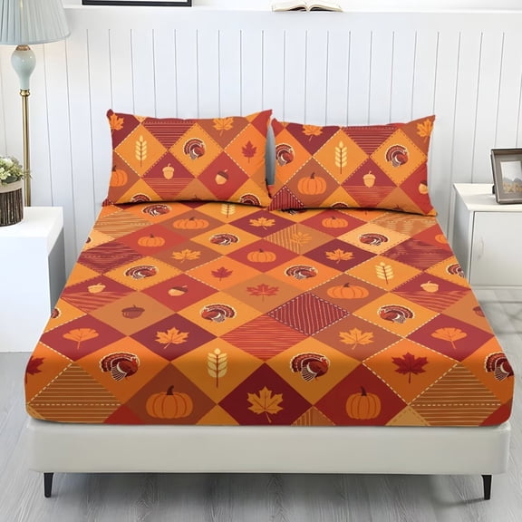 Bulopur Fall Pumpkin Twin Size 3-Piece Sheet Set, Lightweight Bedding with All-Around Elastic & Stretchy Secure-Fit Sheet & Pillowcases, Great Holiday Gift