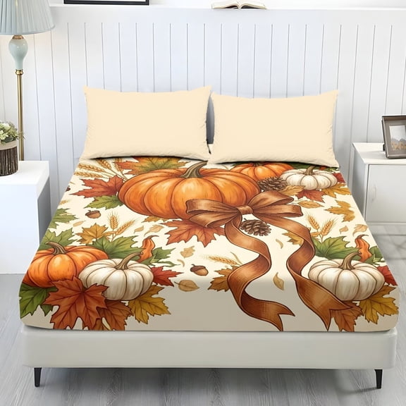 Bulopur Fall Wood Twin Size 3-Piece Sheet Set, Pumpkin Print on Soft Fabric with All-Around Elastic Fitted Sheet, Long-Lasting All-Season Comfort for Women