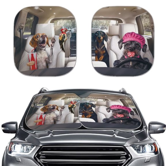 Bulopur Funny Dog Car Sun Shade Windshield Heat and UV Rays Protection Foldable Sun Shade for Car Windshield Easy to Use Sun Visor Protector Fit Most SUVs Vans Trucks, 2 Pcs