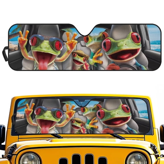 Bulopur Funny Windshield Sun Shade for 2024 2025 Jeep Wrangler 4XE Frog Driving Foldable Windshield Sunshade Suitable for Wrangler, Compass, Gladiator & Renegade