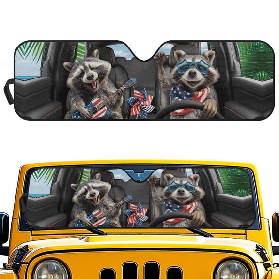 Bulopur Funny Windshield Sun Shade for Jeep Wrangler JL JLU & Gladiator, Raccoon Front Window Sun Visor Blocks UV Rays Foldable Sunshade for Outdoor Camping