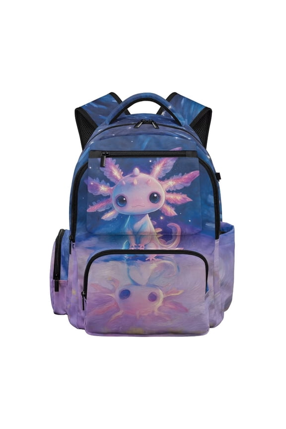 Galaxy Axolotl Kids Backpack for Girls Starry Night Print School Bag Lightweight Multi-Pocket Book Bag for Back to School Gift
