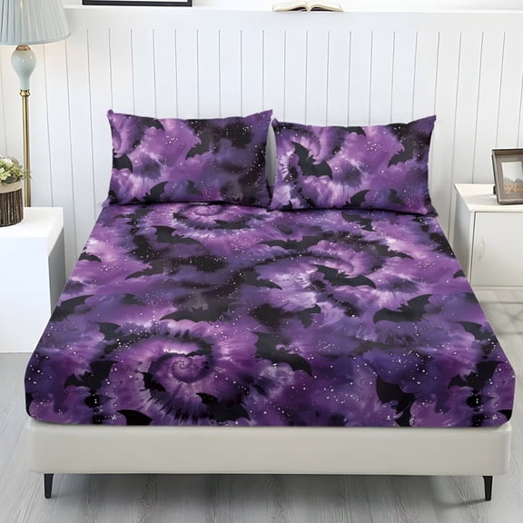 Bulopur Galaxy Bat Twin XL Size 3-Piece Bed Sheet Set, Tie Dye Galaxy Bat Print on Stretch Deep Pocket Elastic Microfiber Sheet for Teen Halloween Decor