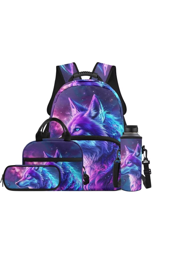 Galaxy Wolf 4 Piece Kids Backpack Set for Boys 17 Inch Lightweight School Backpack with Lunch Bag, Pencil Case & Water Bottle Cover Cartoon Daypack for 9-12 Years Old