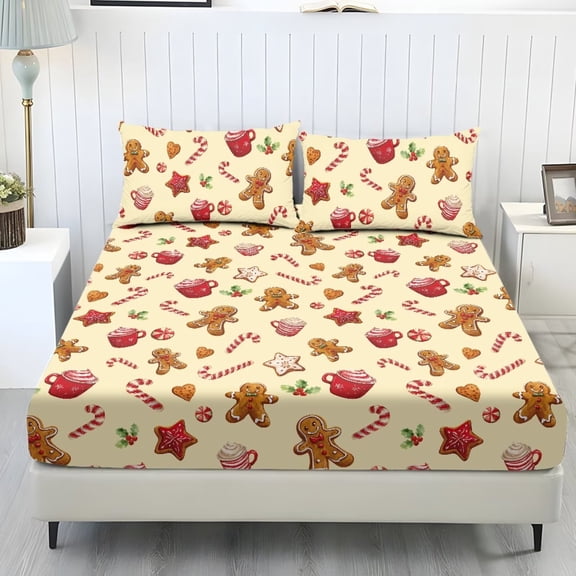 Bulopur Gingerbread Man Queen Size Bed Sheets & Pillowcases Christmas Deep Pocket Bottom Sheet with All Around Elastic Lightweight Comfy Fade Resistant Sheet Sets Queen Size Bed