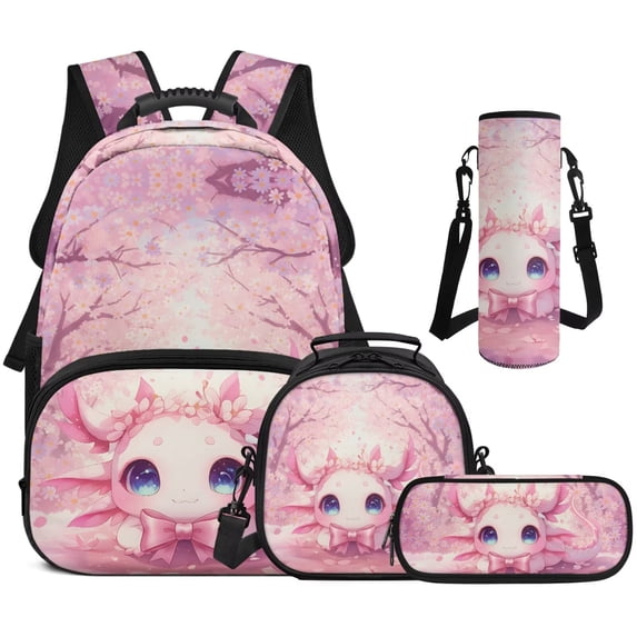 Bulopur Girls 17 Inch Backpack Set, 4 Piece Cherry Blossom Pink Axolotl Print School Bookbag with Lunch Box, Water Bottle Holder and Pencil Case for Elementary Girls