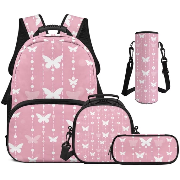 Bulopur Girls 17 Inch Backpack Set 4 Piece Pink Butterfly Pattern Print School Bookbag with Lunch Box, Water Bottle Holder and Pencil Case for Elementary