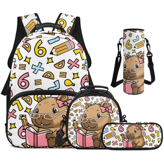 Bulopur Girls 17 Inch School Backpack 4 Piece Capybara Print Bookbag with Lunch Box, Water Bottle Holder and Pencil Case for Elementary Girls