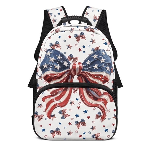 Bulopur Girls Kids Backpack, White Star Print USA Flag Large Patriotic Bow Lightweight Waterproof 4th of July School Bag for Kids 6-12