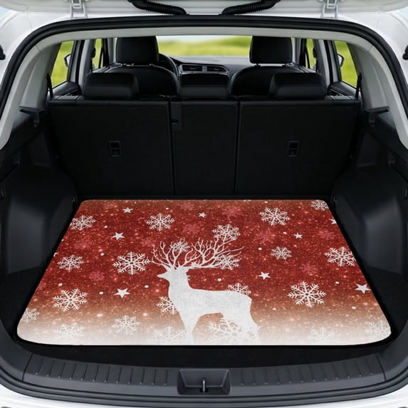 Bulopur Glitter Reindeer Car Trunk Mat 29" x 39", Gradient Red Snowflake Silhouette Cargo Liner, Waterproof Non-Slip Rear Cargo Mat for Xmas Decor