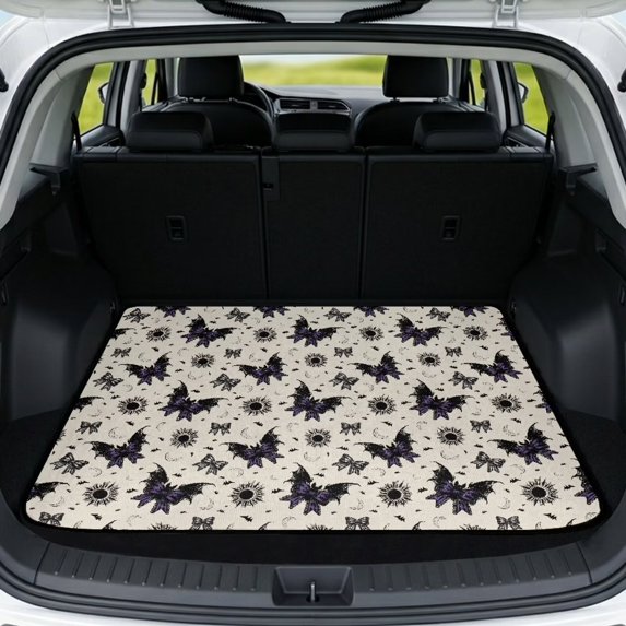 Bulopur Gothic Purple Bat Car Trunk Mat 29" x 39", Boho Moon Sun Bat Seamless Cargo Liner, Waterproof Non-Slip Rear Cargo Mat for Halloween Vehicle Decor