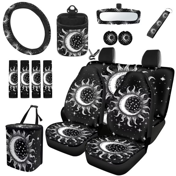 Bulopur Gothic Sun Car Seat Covers Full Set for Women Unique Auto Interior Accessories with Steering Wheel Cover, Car Trach Can, Rearview Mirror Cover, Key Chain for SUV Vehicle Sedan Truck